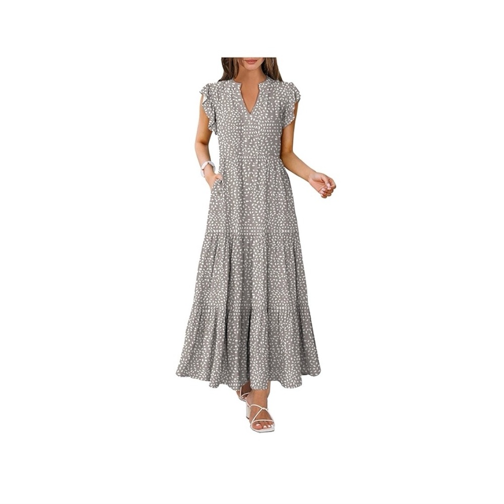 Khaki and white Printed Maxi Dress with Ruffle Hem